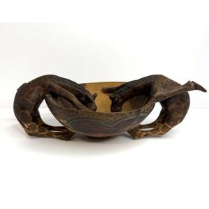 Hand‎ Carved Wooden Bowl with Drinking Giraffes African Folk Art